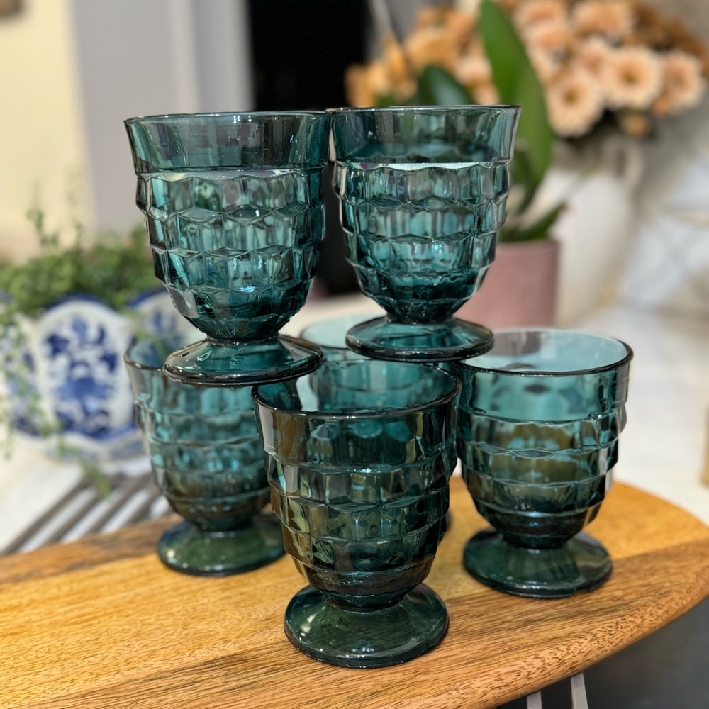 6/ Indiana Glass Riviera Blue Whitehall Juice Glasses c1960s USA 4.25"t 8oz